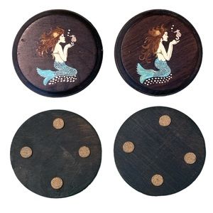 2 HANDPAINTED Wooden Mermaid Coastal Coasters With Cork Stablizer Bottom Rounds